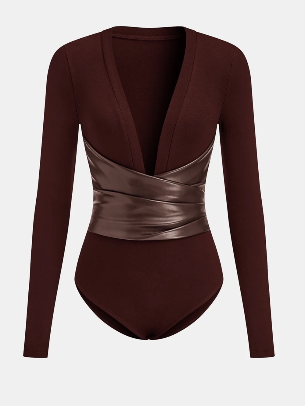 Commense Long-Sleeve Deep V Bodysuit with Faux-Wrap Waist Small